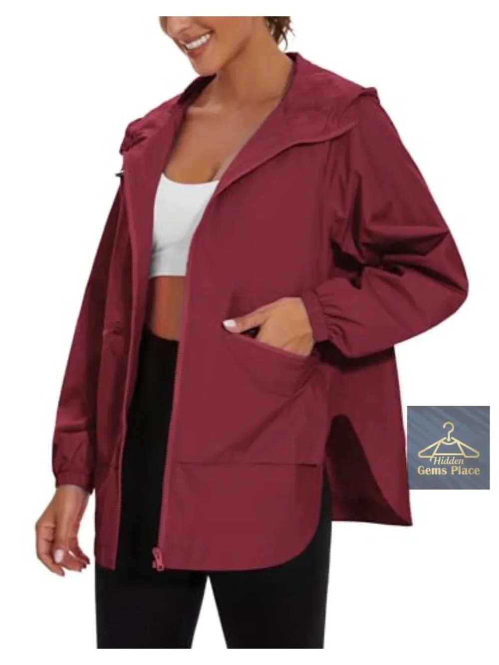 Women's Waterproof Raincoat Lightweight Trench Hooded Windbreaker with Pockets